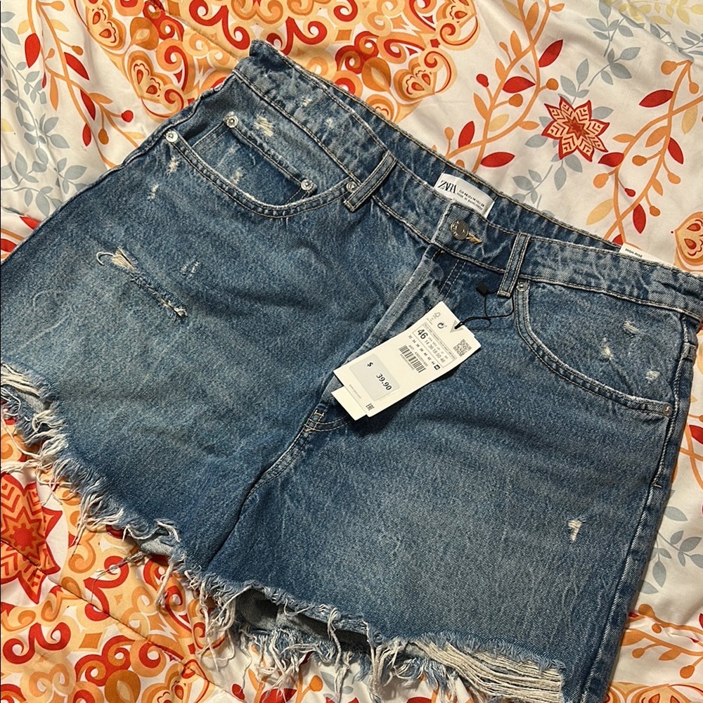 Zara Blue Jean Shorts Distressed Frayed Hem